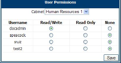 6. If you want to override a particular user s group permissions at the cabinet level, select one of the following options: Read/Write The user can modify the cabinet s search values and add new