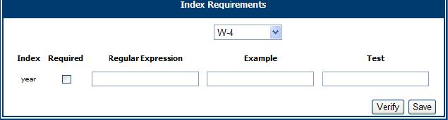 To define index requirements 1. Click the Document Type Functions tab. 2. Click Index Requirements. The Index Requirements page opens. 3. Select the appropriate document type. 4.