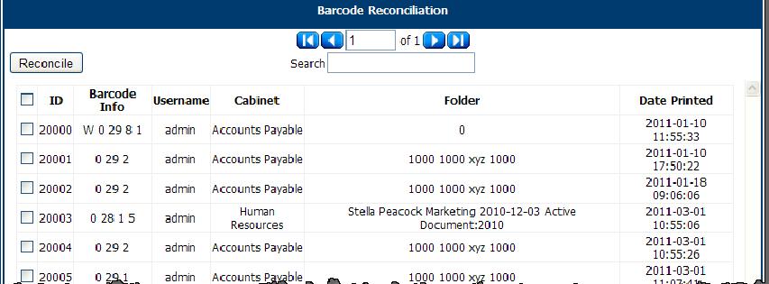 The Barcode Reconciliation page opens. 3. To delete an unprocessed barcode, select its check box and click Reconcile.