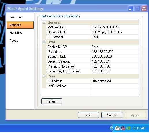 Figure 13: Network information in PCoIP host agent application (with system tray icon circled). Look up the IP address in your DHCP server client table.