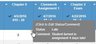 Hovering the mouse over the Status/Comment triangle will provide a pop up with the information for the student.