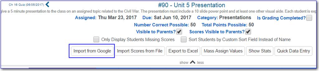Import Scores from Google Classroom If the Aeries administrator has properly configured Google Classroom integration with Aeries, then the Import from Google button will display on the Scores by
