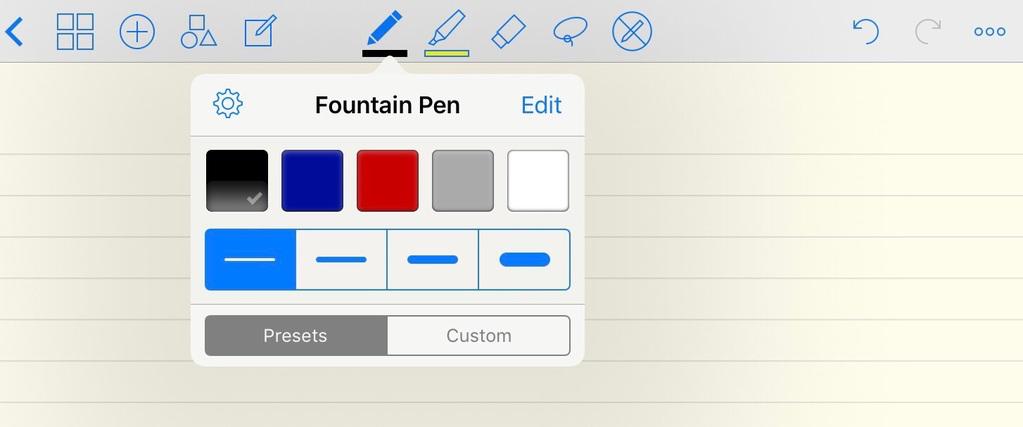 Colors and Thickness Settings 1. Tap the pen button on the toolbar. 2.