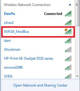 5.4. WiFi connection for very first time The module is shipped with set Wi-Fi mode AP (Access Point). The default SSID is WiFi16_ModBus and there is not password.