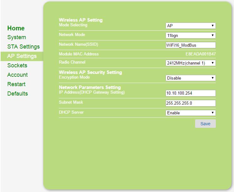 7.4. AP Settings These are the settings for AP (Access Point) mode. Figure 20. AP Settings Mode: The working mode of the Wi-Fi interface.