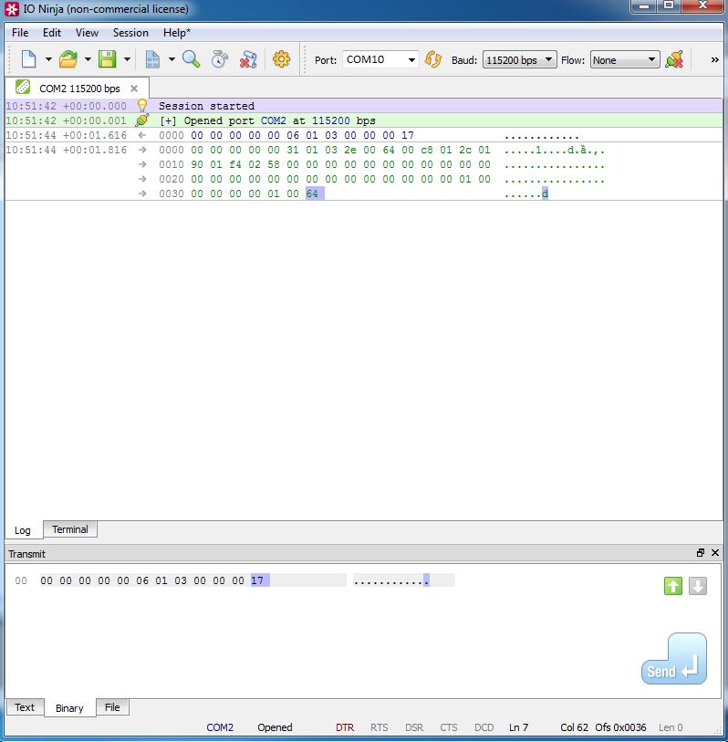 Program (in our case IO Ninja) to and from COM10 in such case is simple (example shows