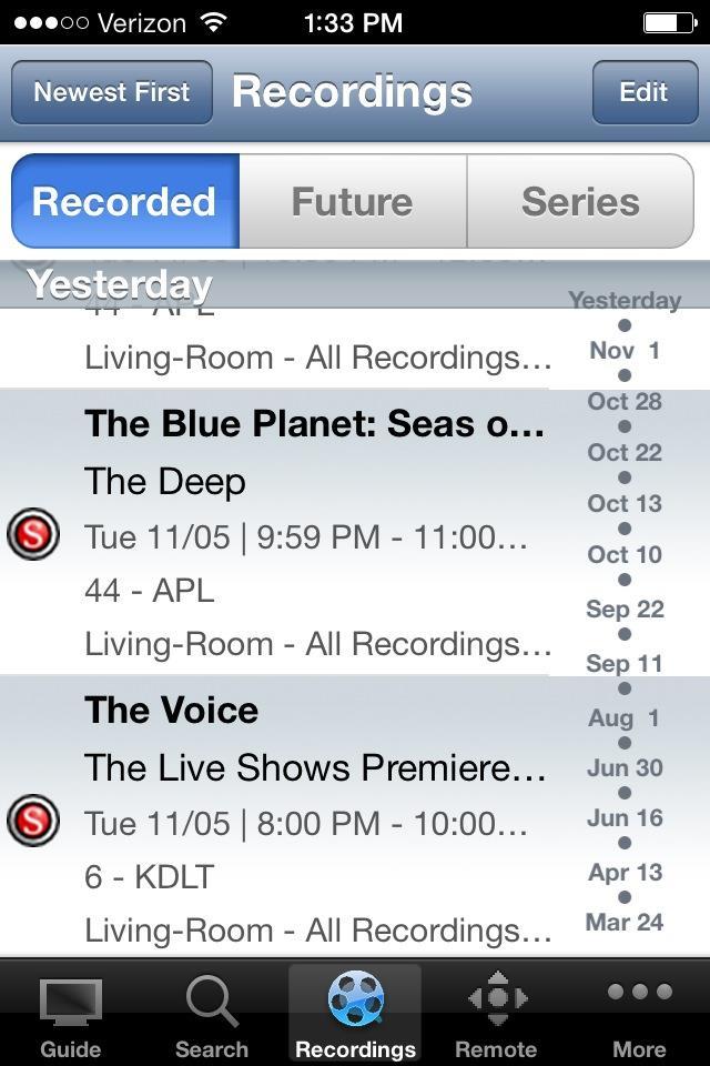 Show Recordings 1. To show existing recordings, scheduled future recordings, and series recordings, select the Recordings button from the Action menu. Figure 1-5 Show Recordings Select Type Screen 2.