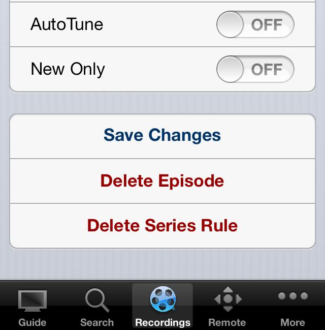 To delete the existing recording or a future scheduled recording, select the Delete Episode button
