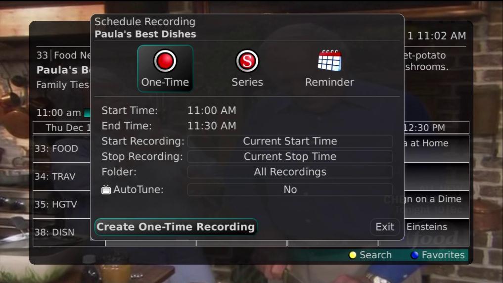 Create a One-Time Recording from the Guide Whether you are choosing a program from the Guide or if you are currently viewing the program when you decide to record it, the process to create a one-time