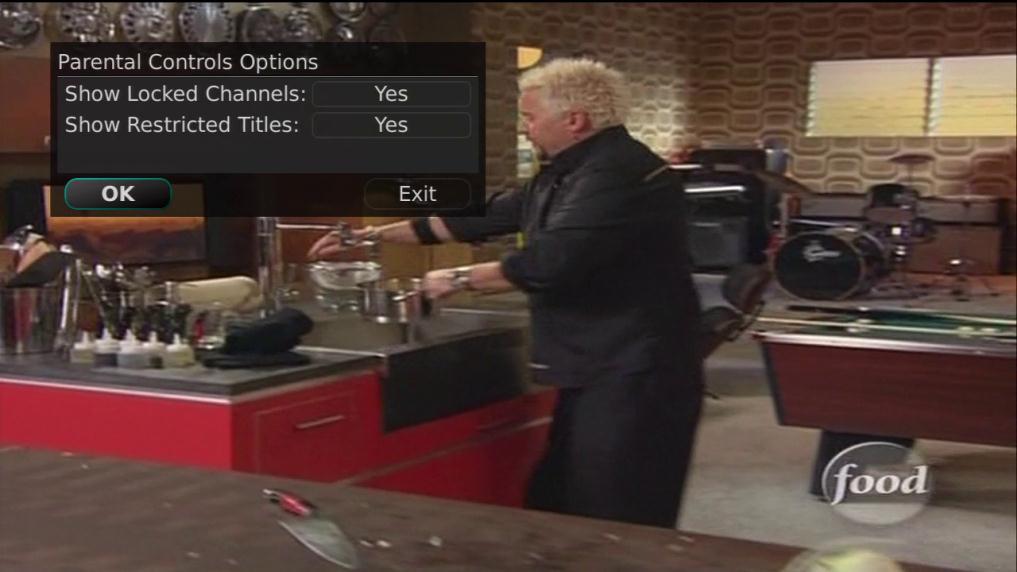 Once the Ratings PIN has been entered, you may choose to have Locked Channels and/or Show Restricted Titles visible.