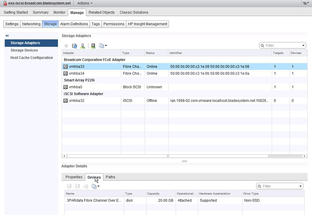 Discovering new volumes Log in to the vsphere web Client, and select your host Select the Manage menu and