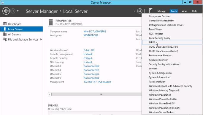 Then open the MPIO control panel by clicking on Server Manager Select the Tools menu then click on MPIO The MPIO Devices
