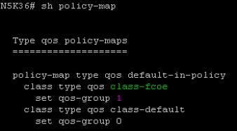 show policy-map o 2 traffic classes are defined, one for FCoE traffic and the other for Ethernet.