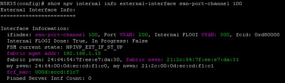 management IP address. FCF MAC address. Fabric Name. o The command also provides the VSAN numbers that are part of the port channel.