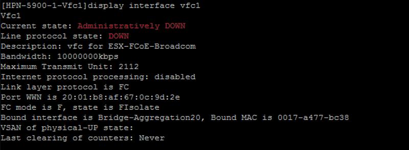 interface (F/E/NP). o The output shows that an FCoE communication is taking place as interface vfc1 is UP.