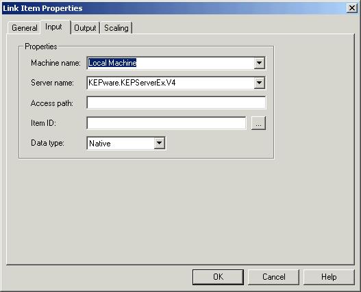 In the Input tab of the Link Item Properties window you will establish the Machine name by selecting the