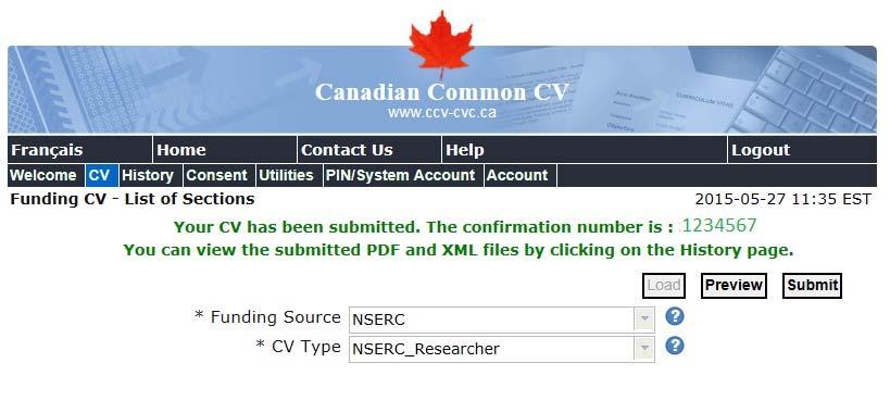 Submission to NSERC: you need a Confirmation number for your CCV that you can get by clicking on Submit (next to Preview in the image above), and then I agree.