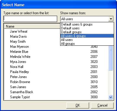 Advanced Routing Turned On If Advanced Routing is turned on, the available options for filtering in the Select Name window will be: Default users and groups Default users Default groups All users and