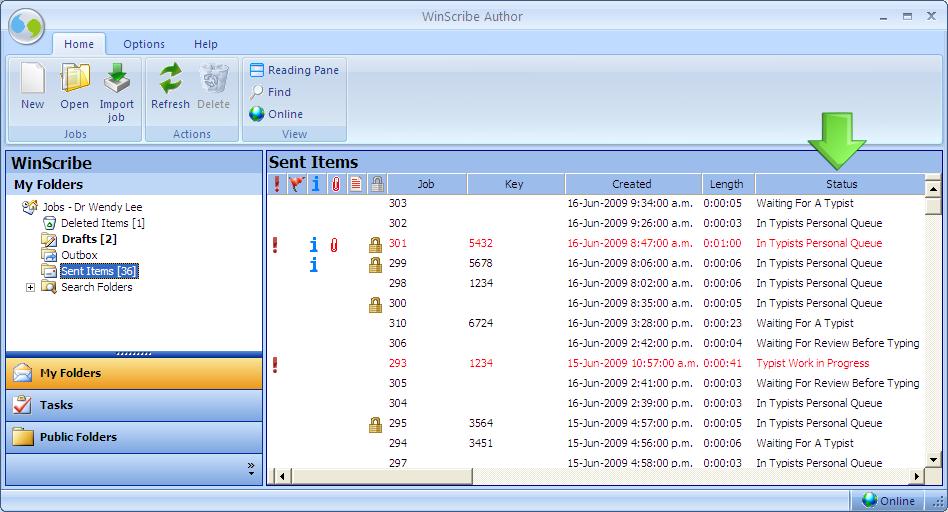 The Status Column shows the status of the job.