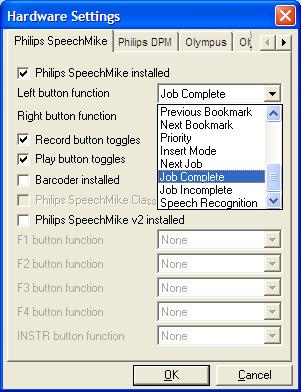 1. Click the SpeechMike tab. 2. Select the Philips SpeechMike installed check box. 3. Select the function required for the Left button from the drop-down list. 4.