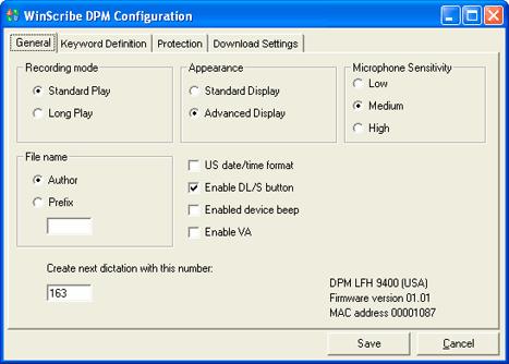 The General tab provides various options for setting the behavior of the DPM device.