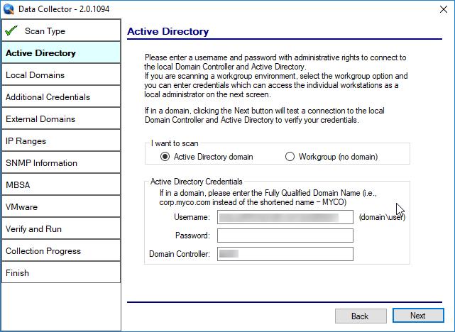 Network Detective PCI Compliance Module without Inspector User Guide 5. The Active Directory window will appear.