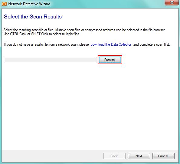 PCI Compliance Module without Inspector User Guide Network Detective 2. Click Browse in the Scan Results window and select all data file(s) that you wish to import. 3.