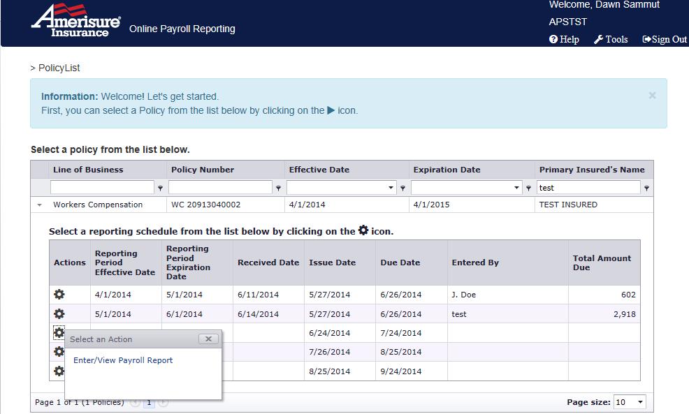 REPORTING PERIODS This screen displays the reporting periods. Click the Wheel to Enter/View Payroll Report.