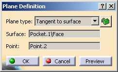 Select Plane Type as Tangent to surface. e. Select surface in Surface field as shown. f. Select Point.2 in Point field as shown. g. Click OK.