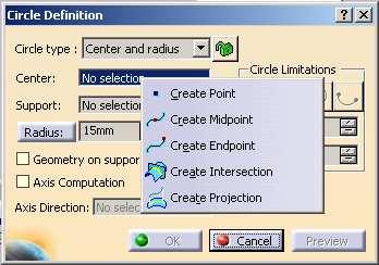 Exercise 1B (4/8) 4. Create a geometry on support surface. Create a circle using User-defined Axis System. a. In Circle-Conic toolbar, click Circle icon.