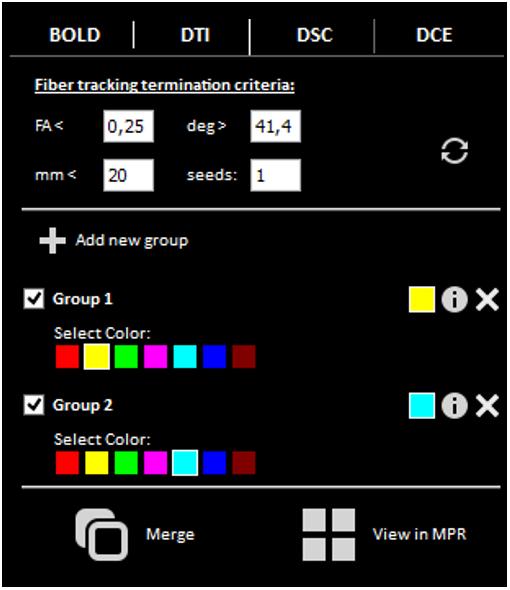 Figure 4: The list of fiber groups is available under the DTI tab in the Visualization interface. Steps 2 and 3 can be repeated to create multiple groups.