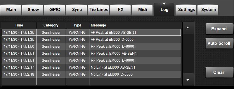 If an RF overload condition occurs, all RF LINK meters turn from green to red, as shown below: Display of Sennheiser Warning messages Warning messages transmitted on the Sennheiser control network