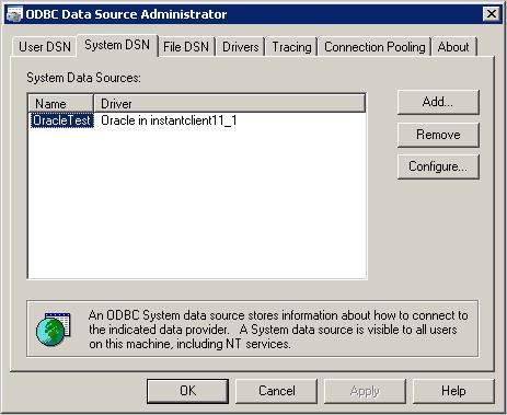b Select the desired Data Source and click Configure. c Click the Test Connection button, enter valid User Name and Password, and click OK. d Click OK on the Connection Successful dialog.