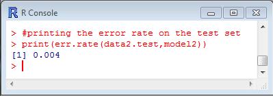 Applied on the test set (1000 observations), the test error rate of the model #printing the error rate on the test set print(err.rate(data2.test,model2)) is 0.004. 5.