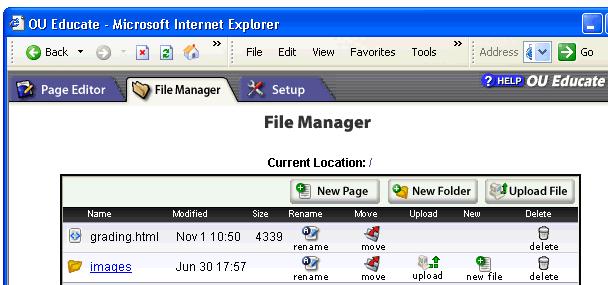 The File Manager Tab The File Manager Tab allows users to rename, move, delete, and upload files. New Folder Button Users can create a new directory by clicking the New Folder button.