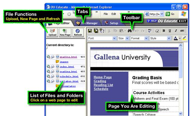 The Web Page Editor Tab The Page Editor Tab is where users can edit web pages and upload files.