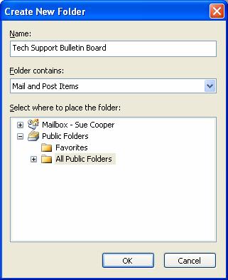 This could be used for such things as Tech Support calls. 1. Create a New Folder in Public Folders 2. In the Name box, enter a name for the folder. 3.