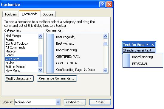 9. Now we shall drag an email message on to our toolbar so that we can quickly start an email message from within Word. 10. Choose Close. 11.