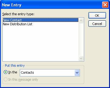 You will see the following dialog box. 3. In the Select the entry type box, click New Distribution List, and then click OK. 4. In the Name box, type a name for the group. 5.