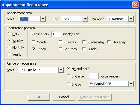 Click on the Recurrence toolbar button and you will see the following dialog Schedule an Event 3. Set whichever options you require and click on OK.