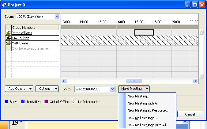 Send a meeting request or e-mail message from a group schedule 1. Select the group schedule you want, and then click Open. Send a meeting request or an e-mail message to some members only 1.