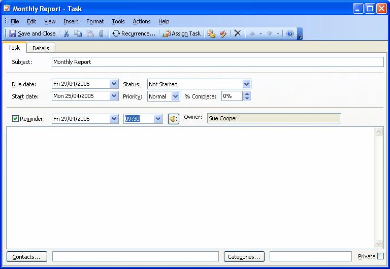 Create a task that recurs at regular intervals 1. On the File menu, point to New, and then click Task. Alternatively, click on the New Task toolbar button. 2.