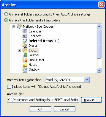 Archive Items Manually 1. On the File menu, click Archive. You will see the following dialog box: 2. To archive all folders, click Archive all folders according to their AutoArchive settings. 3.