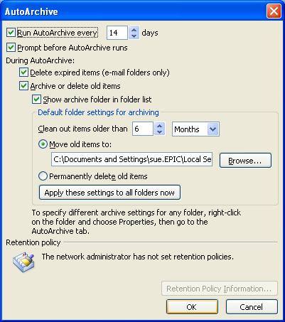 Turn On AutoArchive for all folders 1. On the Tools menu, click Options, and then click the Other tab and choose the AutoArchive tab. Click here to apply the settings to all folders 2.