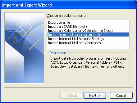 Import information from a file or a personal folder file 1.