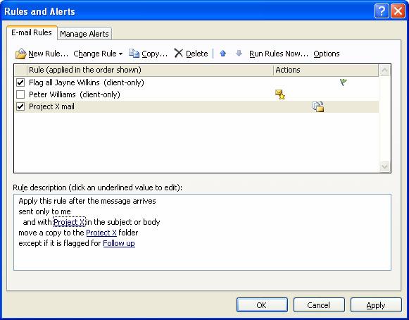 Section 15: Rules and Alerts The Out of Office Assistant and Rules Wizard allows you to determine what happens to your mail when you are out of the office, i.e., Send it on to another user or advise the originator that you are out of the office until a certain date.