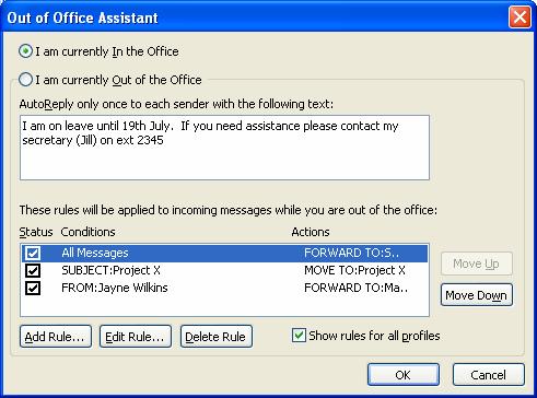 Section 16: AutoReply text OUT OF OFFICE ASSISTANT These rules determine what will happen to your mail whilst you are out of the office and can be turned on or off as required by placing a tick