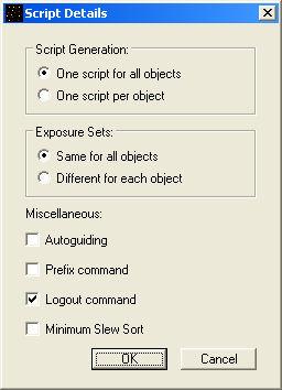 4.3: Script Details This dialogue box contains three sections: 4.3.1: Script Generation This section allows you to decide whether you want to generate one script for ALL your selected objects, or to generate one script for EACH object.