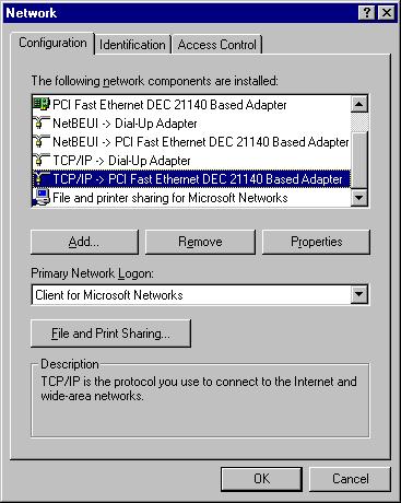 6. The TCP/IP protocol shall be listed in the Network window. Click OK to complete the install procedure and restart your PC to enable the TCP/IP protocol. A.