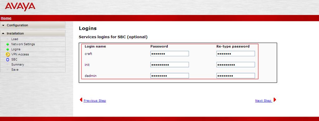 On the Logins screen specify passwords for the services logins to the